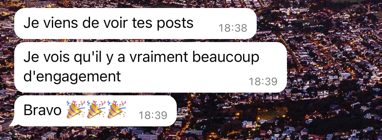 Message reçu : félicitations pour l'engagement des publications